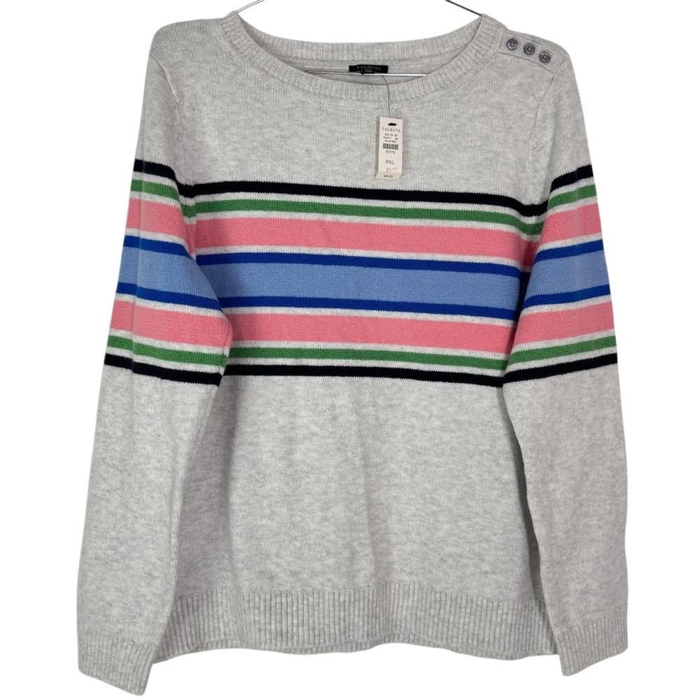 Talbots Sweater Womens Size PXL Button Shoulder Bateau Neck - GRAY Racer Stripe